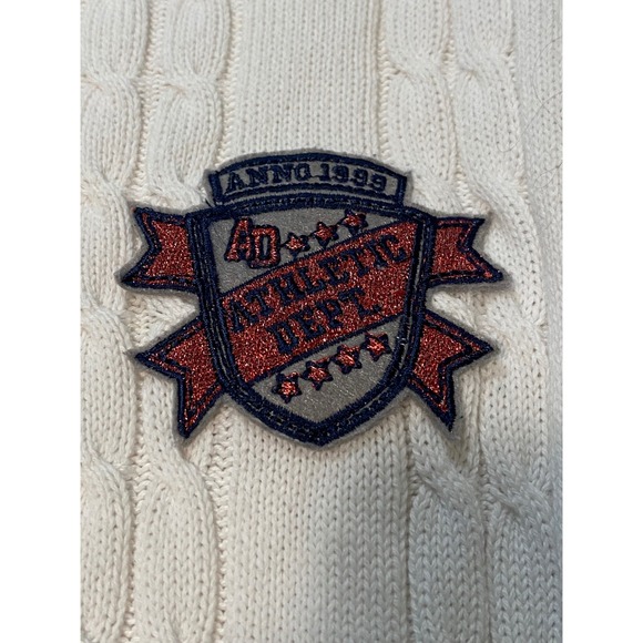 Preppy Mens White Cable Knit V-Neck Varsity Sweater L Athletic Dept Crest Grey - Picture 5 of 7